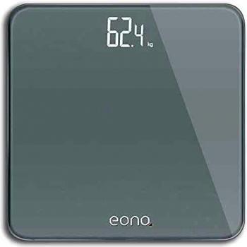 Amazon Brand – Eono Báscula de Baño Digital Ultrafina De Vidrio Templado Para el Baño Con Sensores De Alta Precisión, Sistema De Unidades: kg/lb/st, 15 Años De Garantía Plateado
