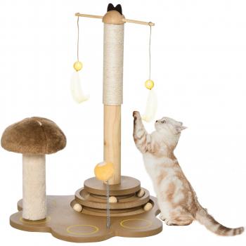 PawHut Rascador para Gatos en Forma de Seta con Postes de Sisal Juguete Colgante Plumas Pista de Bolas de Madera Base Ancha Multicolor
