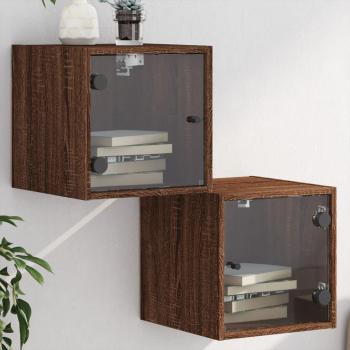 Mesitas de noche con puertas de vidrio 2 piezas Roble marrón 35x37x35 cm