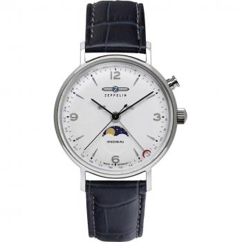 Zeppelin LZ 129 Hindenburg Moon Phase White Dial Quartz Leather Strap Men's Watch