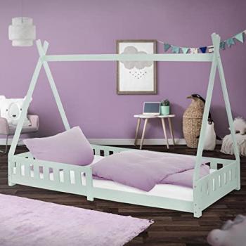 Cama Infantil Tipi Verde Menta 200x90 cm con Protección Anticaída y Somier de Listones de Madera de Pino