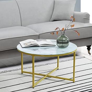 Mesa de Centro Redonda Uppvidinge 45 x Ø 80 cm Cristal/acero con aspecto de Mármol Blanco y detalles en Dorado
