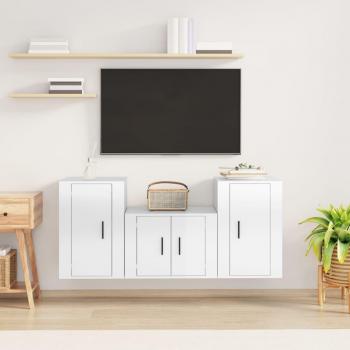 vidaXL Set de muebles de TV 3 piezas madera contrachapada blanco brillo, Mueble de salón, Mueble TV, Mesa de TV