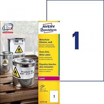 Etiquetas Adhesivas de Poliéster Avery L4775-100, 210x297 mm, 100 Hojas, Resistente al Agua, Impresoras Láser