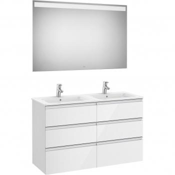 Conjunto de baño doble Roca The Gap con mueble suspendido blanco brillo, 6 cajones, 2 lavabos y espejo con luz LED