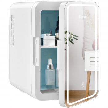 Mini Nevera Portátil 10 L AC/DC para Cosméticos con Espejo LED, Repisas Removibles, Frigorífico Compacto, Termostática y Calentamiento, Color Blanco