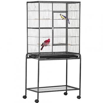 PawHut Jaula para Pájaros Metálica con Ruedas 81x48x162,5 cm, incluye bandeja, 4 perchas, 4 comederos y estante de almacenamiento para periquitos