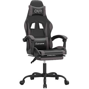 Silla gaming giratoria y reposapiés cuero sintético negro gris