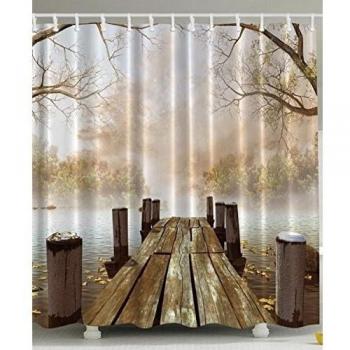 Cortina de Baño Puente Impermeable Resistente Impresión Digital Cortina de Ducha de Puente de Madera, aros de acero inoxidable 180 x 180 cm, + 12 Ganchos di Cloud-Castle