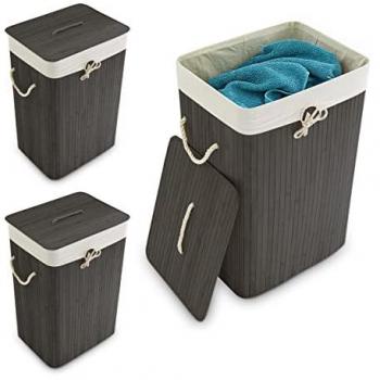 Set de 3 Cestos de Ropa Sucia Plegables Rectangulares con Tapa de Bambú, 83L, Negro