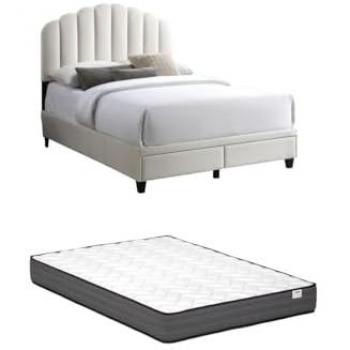 Cama 140 x 190 cm con cajones de terciopelo marfil y colchón ILISIO