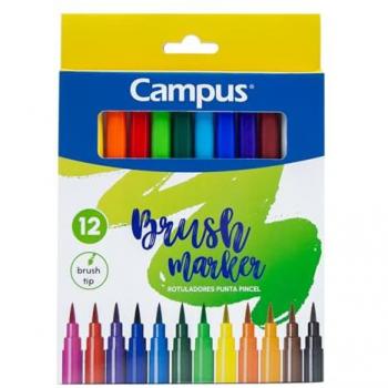 Rotuladores Punta Pincel Campus 12 Colores - Tinta a Base de Agua, Resistente y Flexible, Ideal para Lettering y Dibujo Escolar