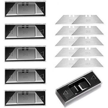 BIBURY cuchillas profesionales trapezoidales PACK 5, 50 Piezas para cortador plegable profesional, Cuchillas de repuesto para cúter plegable