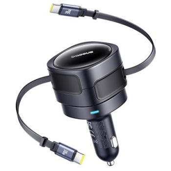 Cargador de coche Baseus 90W con cable retráctil dual USB-C, carga rápida PD QC SCP AFC PPS para iPhone, Samsung y Xiaomi