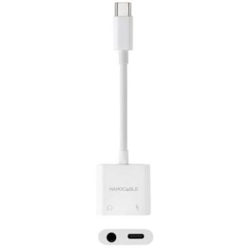 Adaptador Nanocable USB-C Macho a Jack 3.5 Hembra + USB-C Hembra PD 60W, Blanco