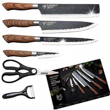 SP-Cow Cuchillo de Cocina Profesional,6 Piezas Juego de Cuchillos de Acero Inoxidable,con Tijera,Mango Antideslizante,Cuchillos precisión de Acero, Revestimiento Antiadherente y Mango de Agarre Suave
