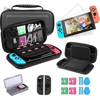Bestico Kit de Accesorios 5 in 1 Compatible con Nintendo Switch, Funda de Transporte para Nintendo Switch con Estuche tarjeta de juego, 2 Protector de Pantalla, Joy-Con Estucha Silicona