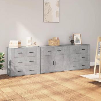 Aparador de 3 piezas en madera contrachapada con acabado gris hormigón, mueble de almacenaje para salón, buffet y armario auxiliar