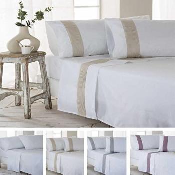 Juego de Sábanas Gorbea Beige 100% Algodón Percal 180 Hilos con Sábana Encimera y Fundas de Almohada para Cama de 150 x 190/200