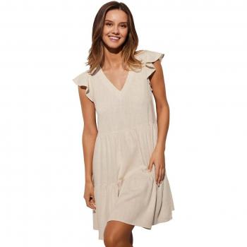 Vestido de playa corto con volantes y detalles en lino
