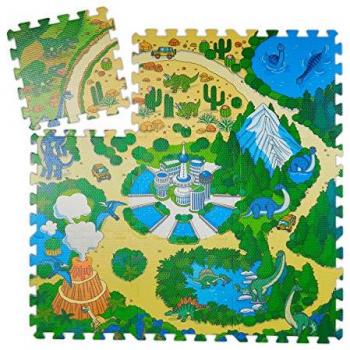 Alfombra Puzzle Dinosaurios Relaxdays 90x90 cm, 9 piezas, goma EVA, sin tóxicos, multicolor para niños y bebés