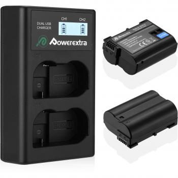 Powerextra Batería de Repuesto de 2 Paquetes y Cargador de Batería Doble LCD para Cámaras Nikon EN-EL15 MH-25 MH-25a y Nikon D7100 D750 D7000 D7200 D810 D610 D800 D600 D500 D800E D810A 1v1 Cámaras