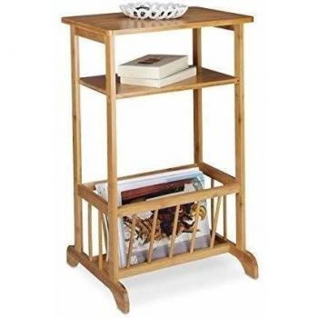 Mesa auxiliar de bambú con cesta para periódicos, 2 estantes, 71.5 x 44.5 x 37 cm, marrón natural