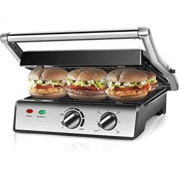Aigostar Parrilla multifuncional para carnes y panini, 2000W, Panini, sartén grill antiadherente y apertura de 180º, con bandeja grande extraíble
