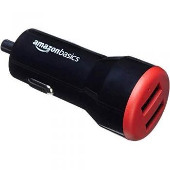 Amazon Basics - Cargador de coche, de 4,8 A / 24 W, 2 puertos USB, para dispositivos Apple y Android, Negro / Rojo