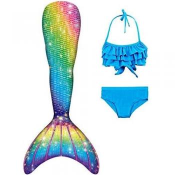 DNFUN 3pcs Traje de Baño de Cuello Hálter con Cola de Sirena Bikini Set para Niña