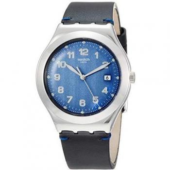 Reloj Analógico de Cuarzo para Hombre Swatch Irony Big Classic Côtes Blues YWS438 con Correa de Cuero y Diseño en Negro, Plata y Turquesa