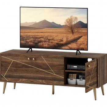 Mueble TV de madera para televisores hasta 60 pulgadas con armarios y estantes, patas de acero, 130x40x52 cm marrón