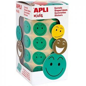 APLI Kids - Rollo de gomets redondos, adhesivo removible, cara feliz, 20 mm, verdes