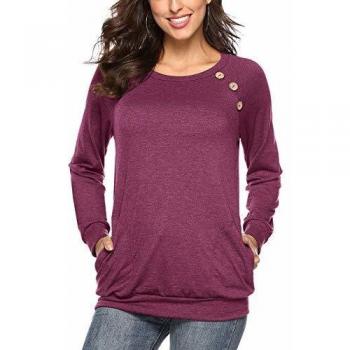 Martiount Camiseta de Manga Larga para Mujer con Bolsillo Botón Design Blusa Camisa Cuello Redondo Basica Camiseta Tops Otoño Casual T-Shirt Wine XXL
