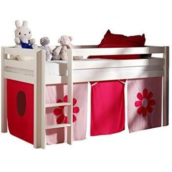 Cama Altillo Pino 90x200 cm con Tienda de Flores, Madera Maciza Blanca, Incluye Textil Flower