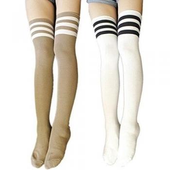 Zando de la mujer por encima de la rodilla alta calcetines Leggings de rayas de Triple 2Pairs-White&Khaki3 Talla única