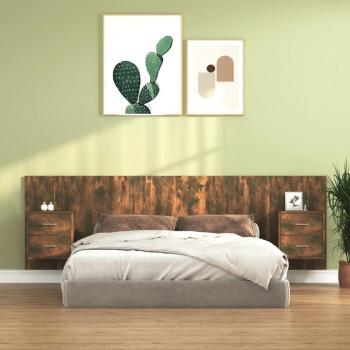 Cabecero de cama y mesitas vidaXL madera contrachapada roble ahumado