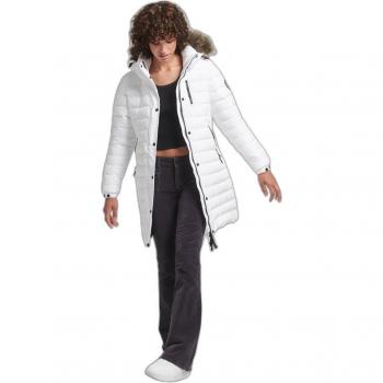 Superdry Women's Mid-Length Down Jacket with Faux Fur Hood - White