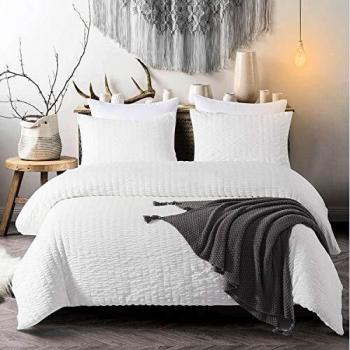 Vivilineneu Juego de Funda nórdica Seersucker, 3 Piezas Juego de Cama de Microfibra Lavada al Agua, Estilo Natural, con Cremallera y Esquinas, Blanco 200x200cm