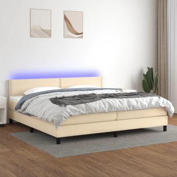 Cama box spring con colchón de muelles y luces LED, 200x200 cm, tela crema