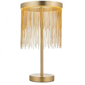 Lámpara de diseño Zelma, Lámpara de mesa LED, Acero, Placa latón satinado, Efecto oro, 1 bombilla, 40cm, Luz fina, Cadena de oro con efecto de casc