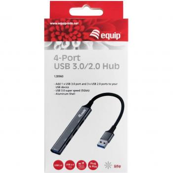 Equip Life USB 3.0 Hub, 1 Puerto USB 3.0, 3 Puertos USB 2.0, Carcasa de Aluminio