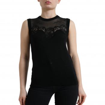 Black Cashmere Lace Trim Sleeveless Tank Top - Dolce & Gabbana, Female, Size IT38 | XS (2XS), Color: Black