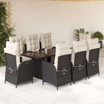 Set de comedor de jardín 9 pzas con cojines de ratán sintético negro