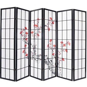 Biombo de madera negro con flores de cerezo de 6 paneles - Dimensiones: A264 x A176 x P2 cm
