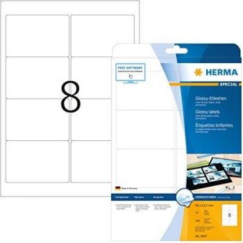 Etiquetas Autoadhesivas Brillantes HERMA 4907, 96 x 63,5 mm, Blancas, para Impresora Láser y Fotocopiadora, Paquete de 25 Hojas (200 Etiquetas
