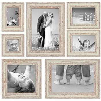 Juego de 7 marcos blancos, añejo chic de época, madera maciza con cristal, 10x10, 10x15, 13x18, 20x20 y 20x30 cm, inc. accesorios / marco de fotos