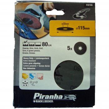 Black+Decker X32165-XJ - 5 Discos de lija base fibra ø 115x22 mm. Madera, yeso, metal y plástico. Grano 80. Larga Duración.