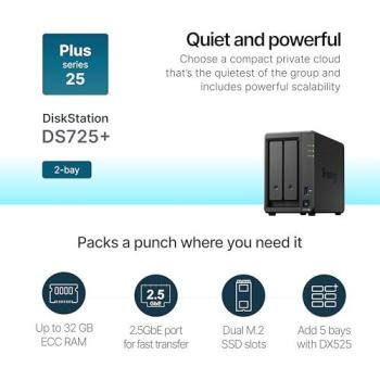 Synology DiskStation DS725+ 2-Bay NAS Enclosure, Ryzen R1600, 4GB DDR4, Diskless