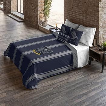 Funda Nórdica Harry Potter Ravenclaw Rayas 100% Algodón con Botones Multicolor Azul Marino 175 Hilos Talla 260x240 cm para Cama de 180, Extrasuave, Made in Spain